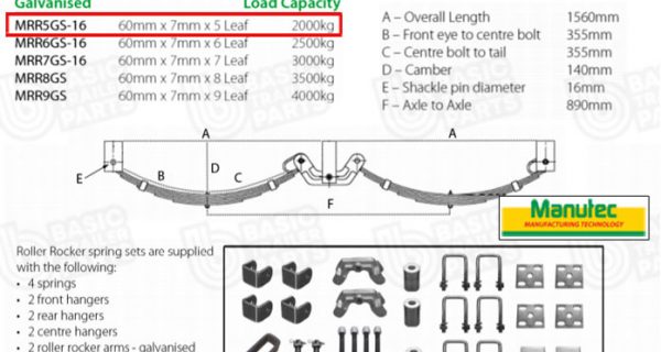 Manutec Roller Rocker Spring Set – 60mmx7mmx5 Leaf, Galv. Trailer Caravan Parts