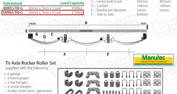 TRI AXLE Roller Rocker Spring Set – 60mmx7mmx6 Leaf, GALV Trailer Caravan Part