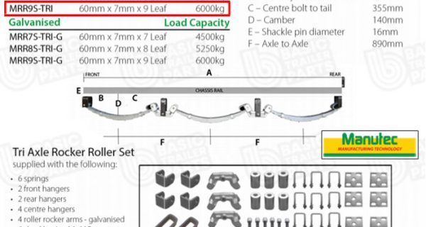 TRI AXLE Roller Rocker Spring Set – 60mmx7mmx9 Leaf, Painted Trailer Caravan