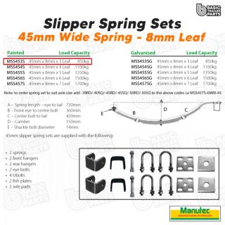 Manutec Slipper Spring Set – 45mmx8mmx3 Leaf, Painted Trailer Caravan Spare Part