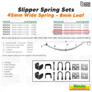 Manutec Slipper Spring Set – 45mmx8mmx6 Leaf, Galv. Trailer Caravan Spare Part