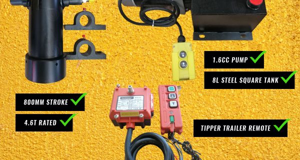 10%OFF Tipper Trailer KIT-4 STAGE HYDRAULIC CYLINDER 800MM STROKE 4.6T RATED + 1.6CC PUMP 8LT With Remote