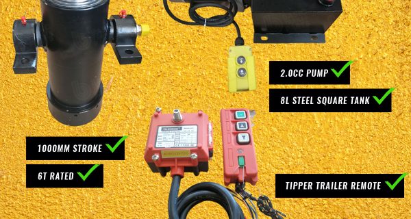 Tipper Trailer KIT-5 STAGE HYDRAULIC CYLINDER 1000MM STROKE 6T RATED  + 1.6CC PUMP 8LT With Remote